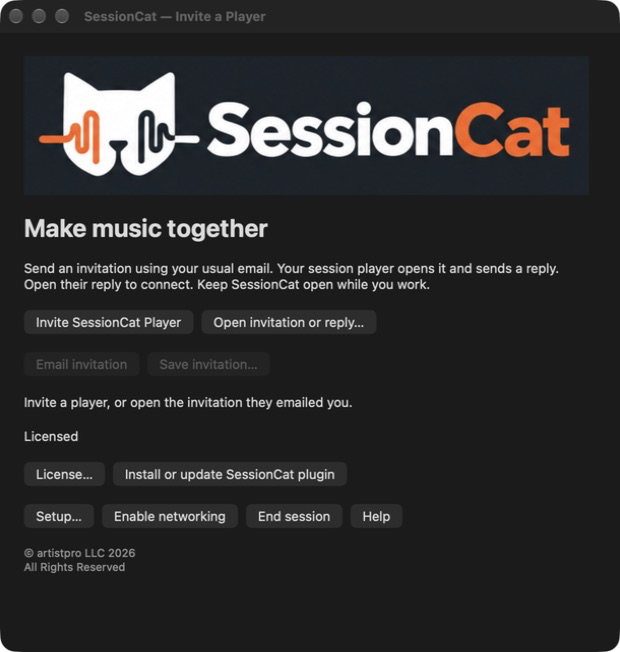 Actual SessionCat helper with invitation, license and setup controls